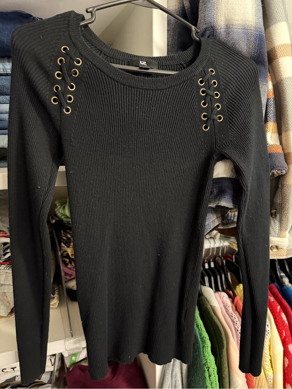 Iz Byer Black Ribbed Long Sleeve Top with Gold Eyelet Lace-Up